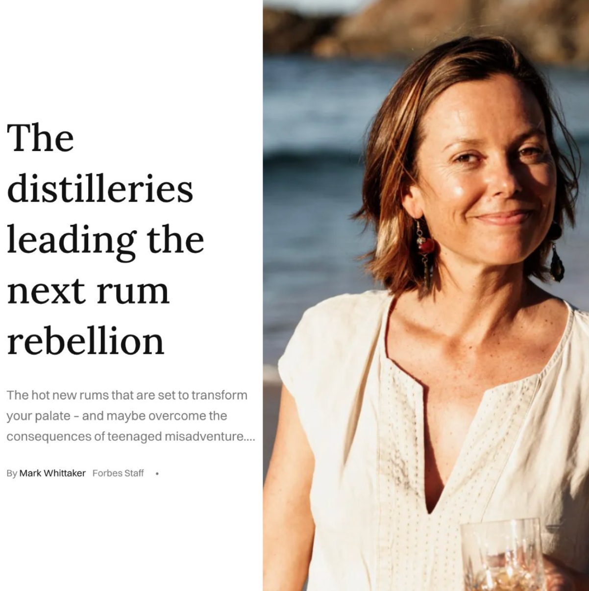 Woman holding a glass of rum with text about distilleries leading the next rum rebellion.